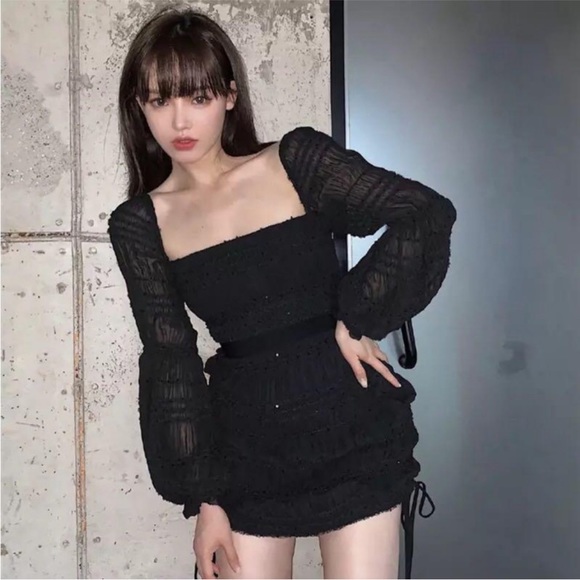 NEW Self-Portrait Shirred Chiffon Dress Black 6 - Picture 13 of 17